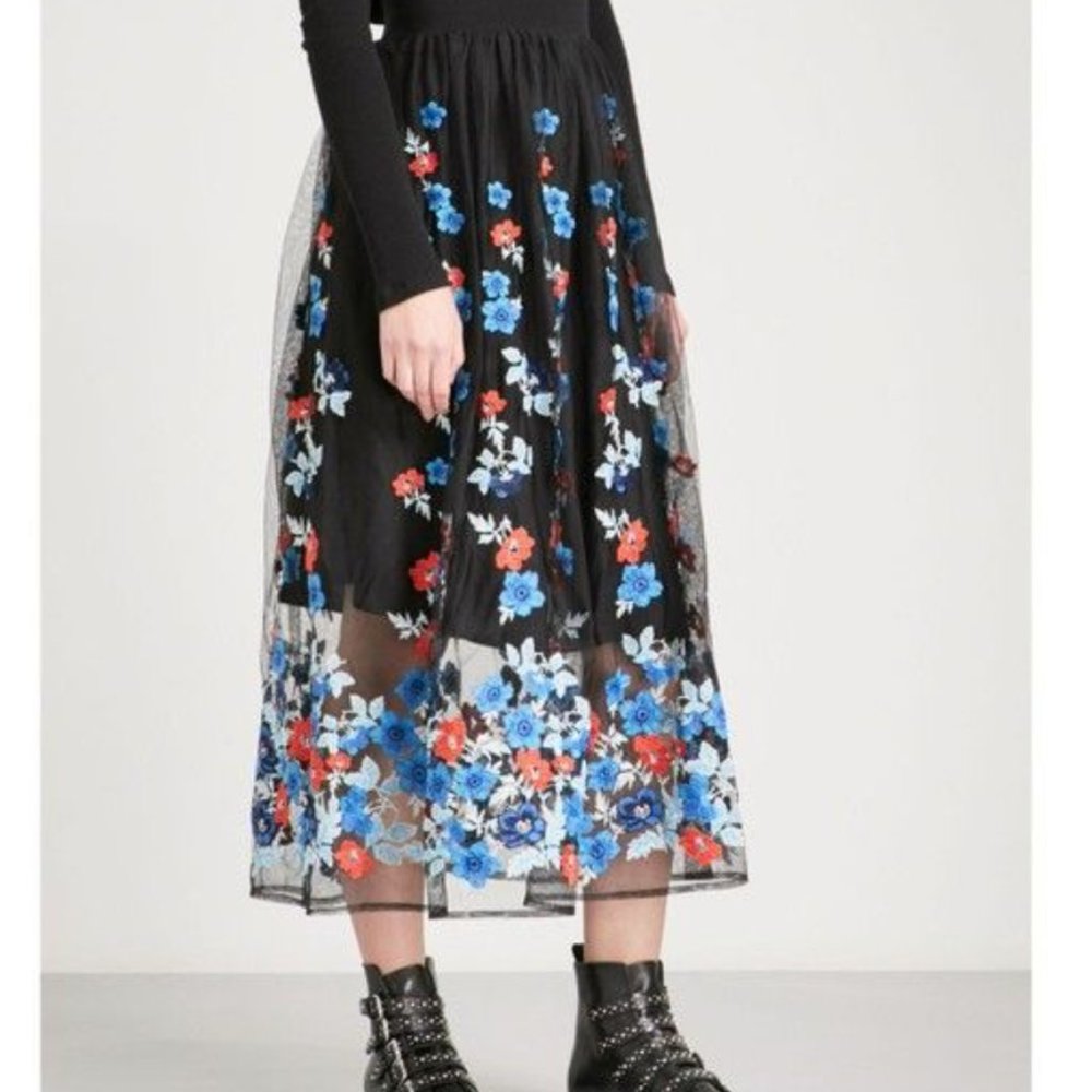 Maje Women's Janie Floral Embroidered Tulle Midi Skirt Sz 1 (XS/S) Retail $325